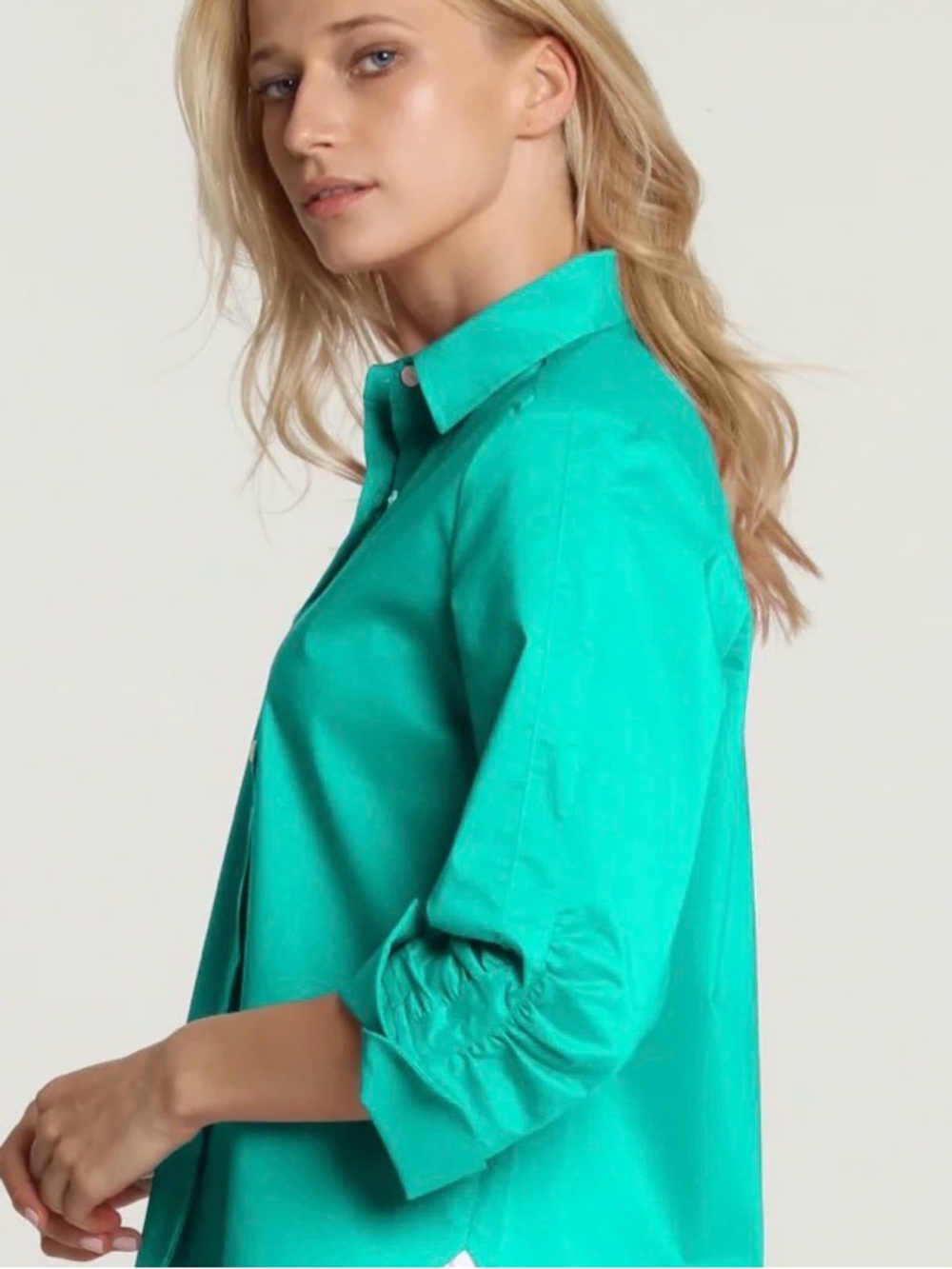 Lafayette 148 New York Ruched Front Button-Down Shirt - Teal - Picture 1 of 8